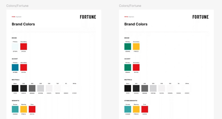 Two Brand Colors sheets from the design system. The neutral and semantic swatches are identical; the brand and accent swatches differ.