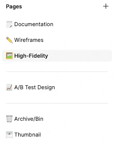 The page list of a Fortune Figma file: Documentation, Wireframes, High-Fidelity, A/B Test Design, Archive/Bin and Thumbnail.