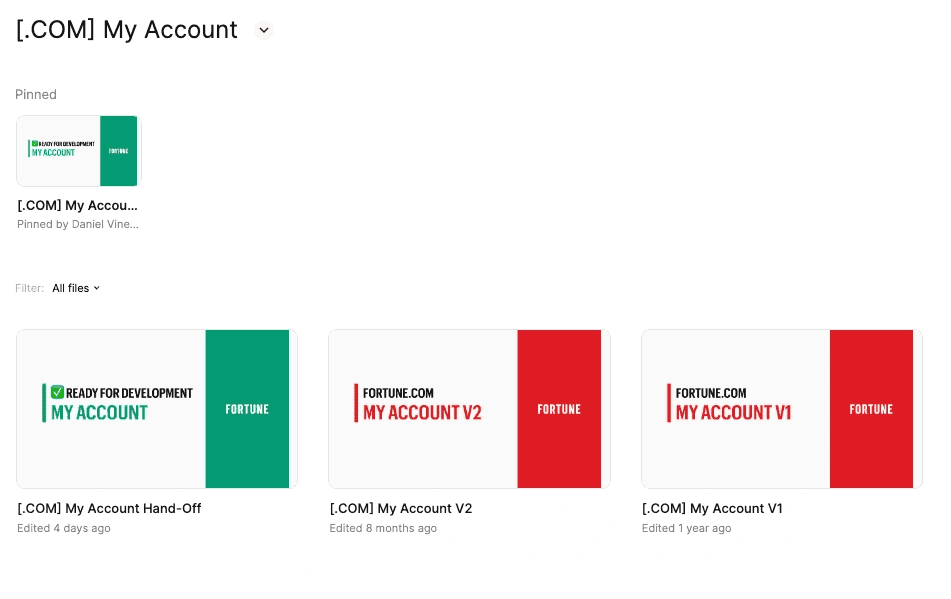 A Figma project for the My Account feature, with a pinned hand-off file marked Ready for development next to the V1 and V2 working files.